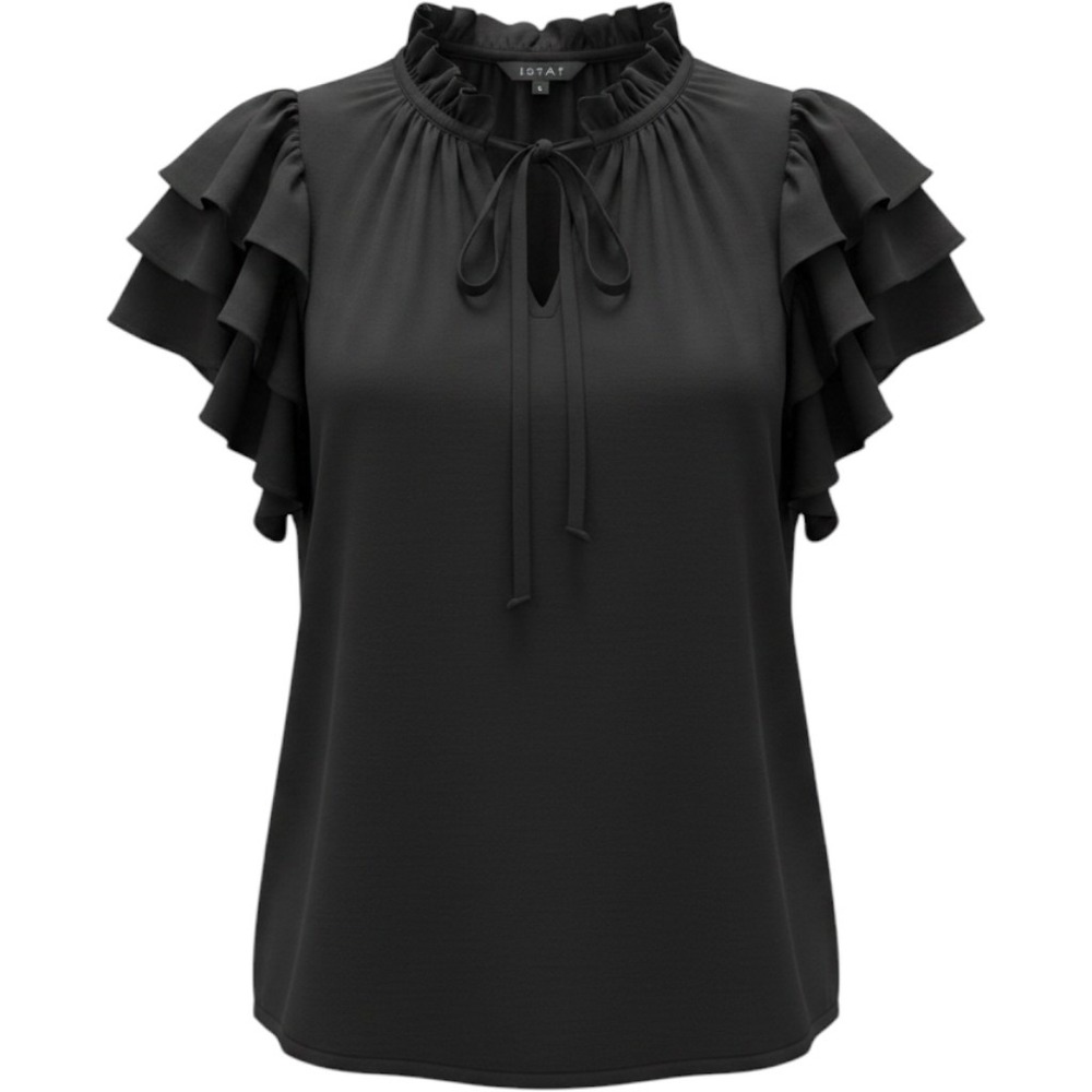 1.STATE Black Tiered Flutter Sleeve Ruffle Neck Tie Front Dark Academia Blouse L